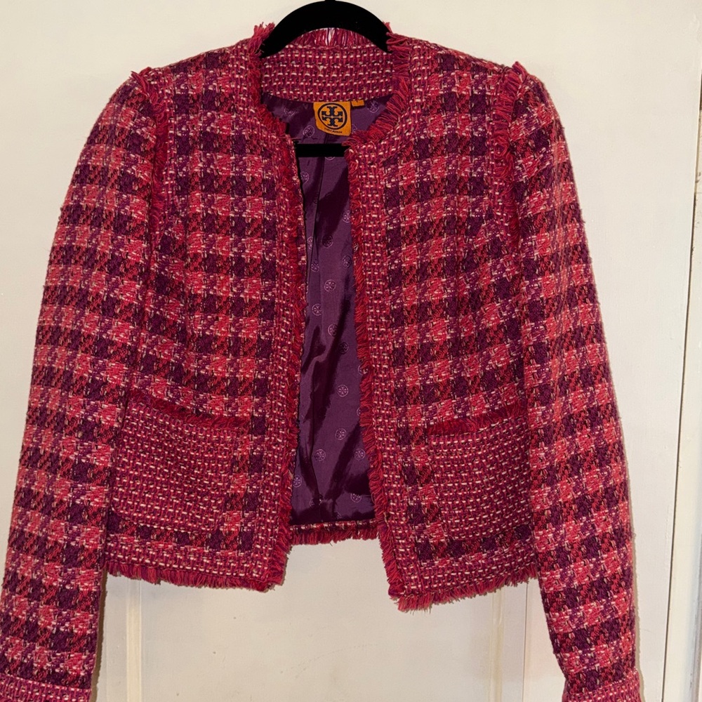 Tory Burch Burgundy and Pink Tweed Jacket